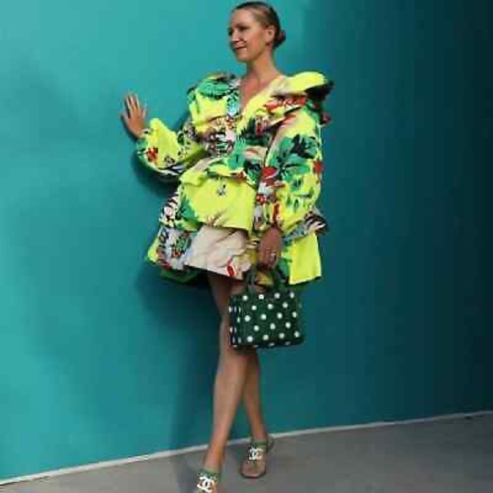 Christopher John Rogers Neon Yellow Floral Ruffle Long-Sleeve Dress